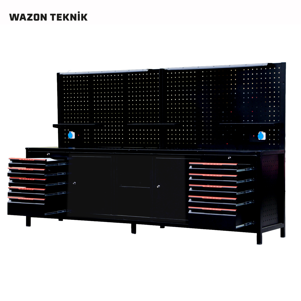 WAZON Çalışma Masası 3 Metre (10 Çekmeceli+2 Dolaplı) Siyah 71011
