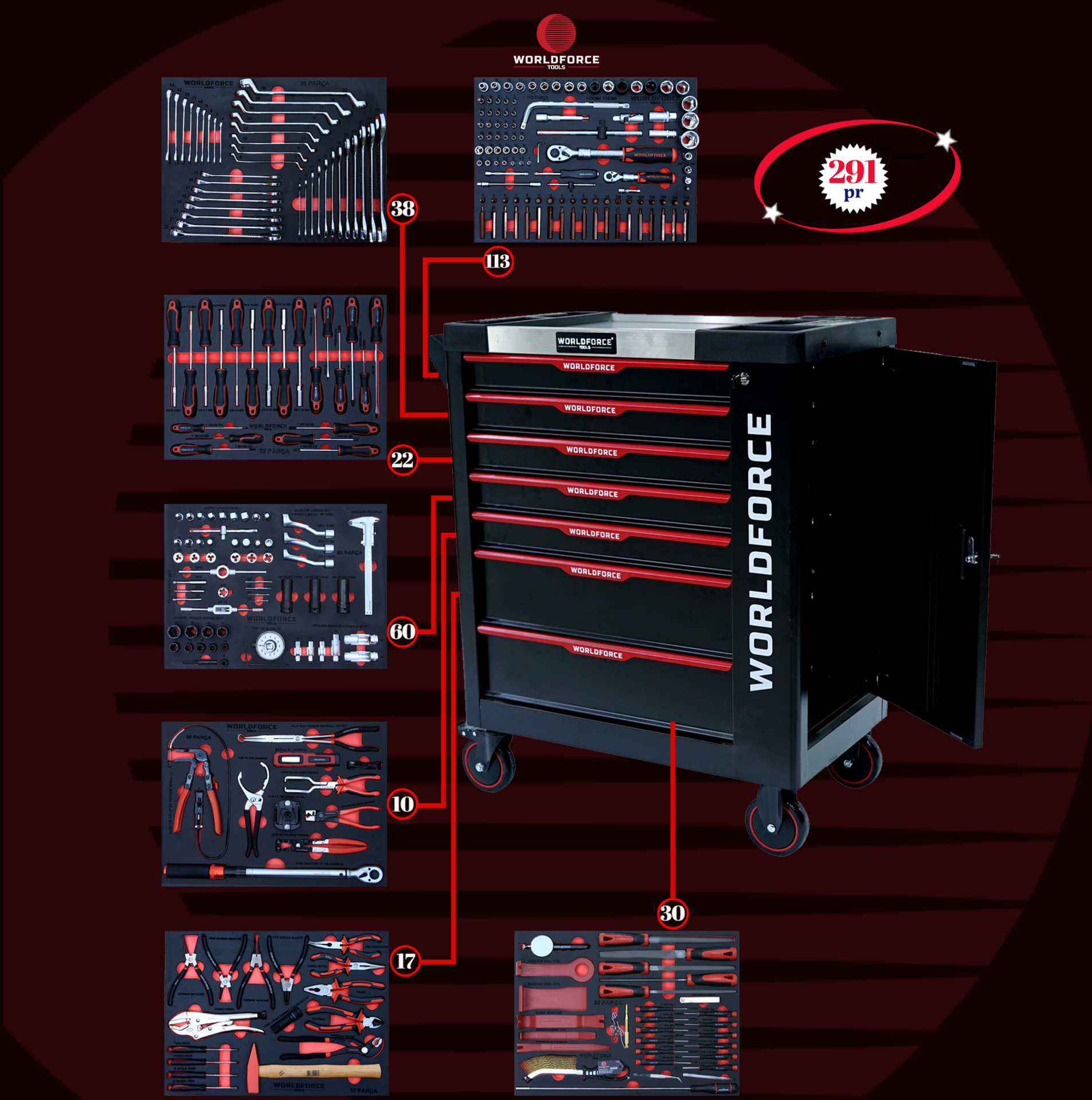 WORLDFORCE Dolu Takım Arabası 291 Parça (7 Çekmeceli) 11494-291