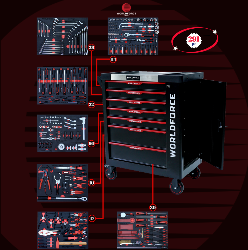 WORLDFORCE Dolu Takım Arabası 291 Parça (7 Çekmeceli) 11494-291