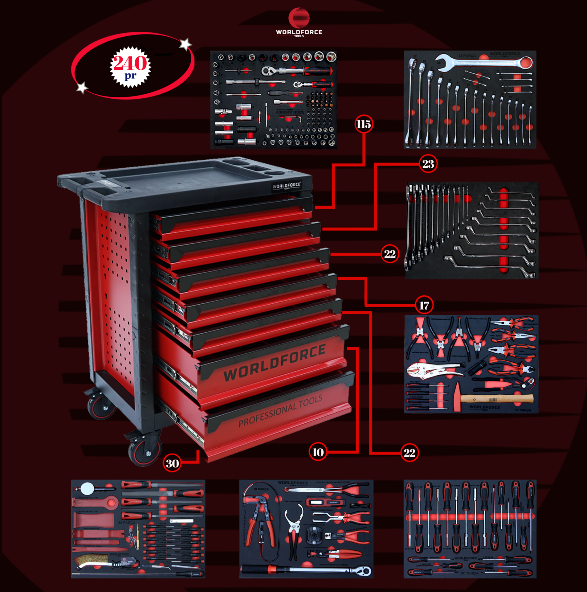 WORLDFORCE Dolu Takım Arabası 240 Parça (7+1 Çekmeceli) 11493B-240