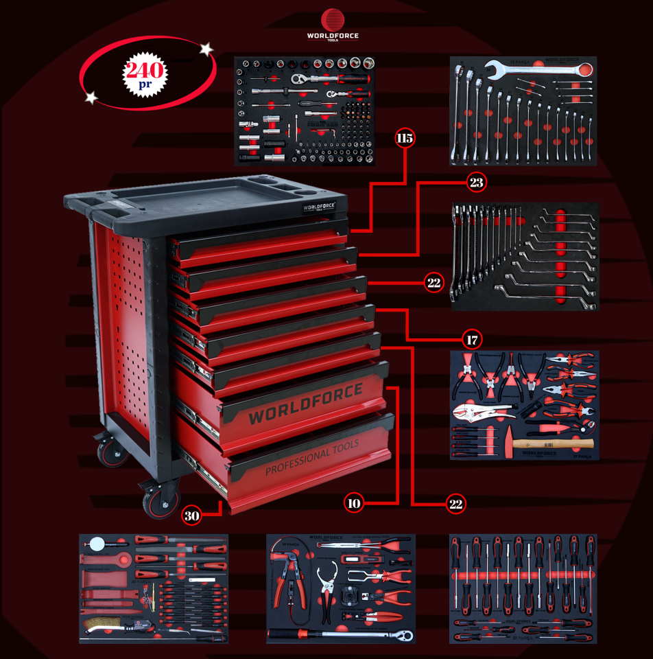 WORLDFORCE Dolu Takım Arabası 240 Parça (7+1 Çekmeceli) 11493B-240