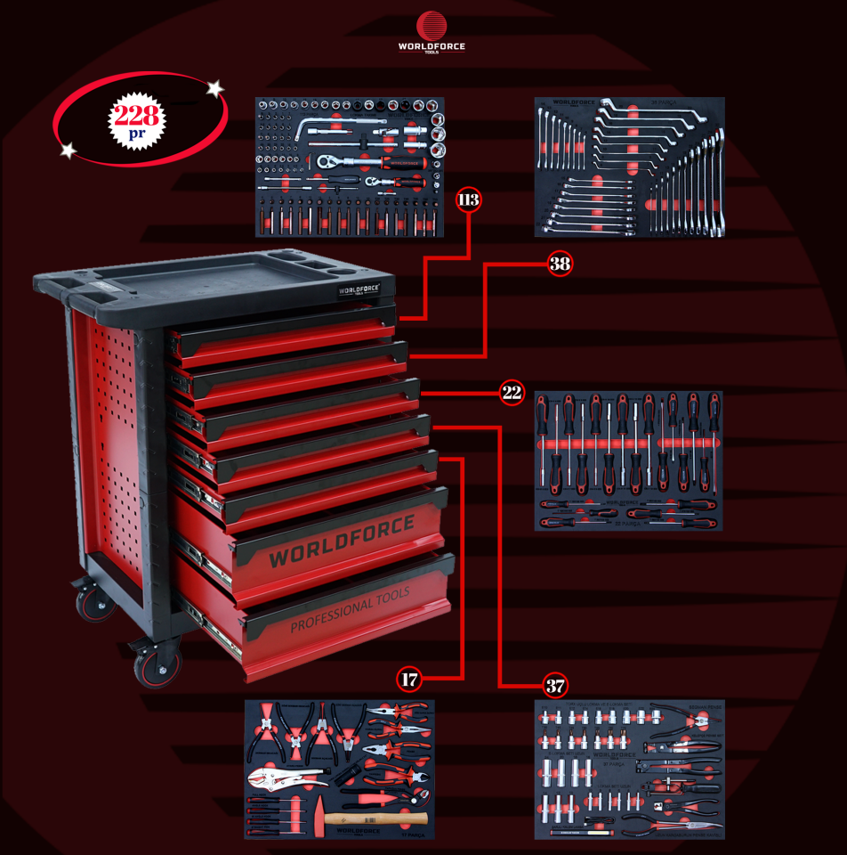 WORLDFORCE Dolu Takım Arabası 228 Parça (7+1 Çekmeceli) 11493B-228