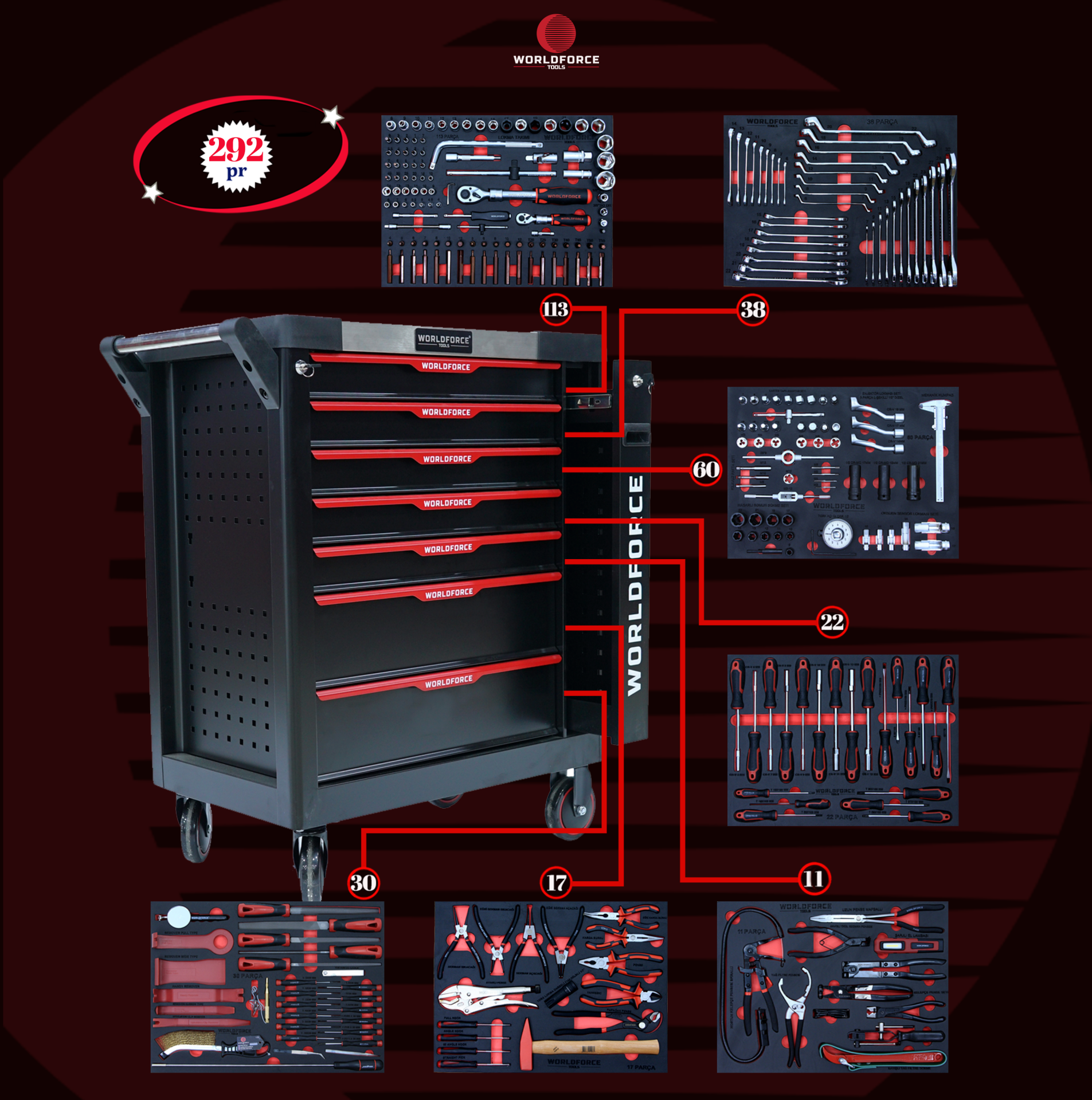 WORLDFORCE Dolu Takım Arabası 292 Parça (7 Çekmeceli) 11491-292