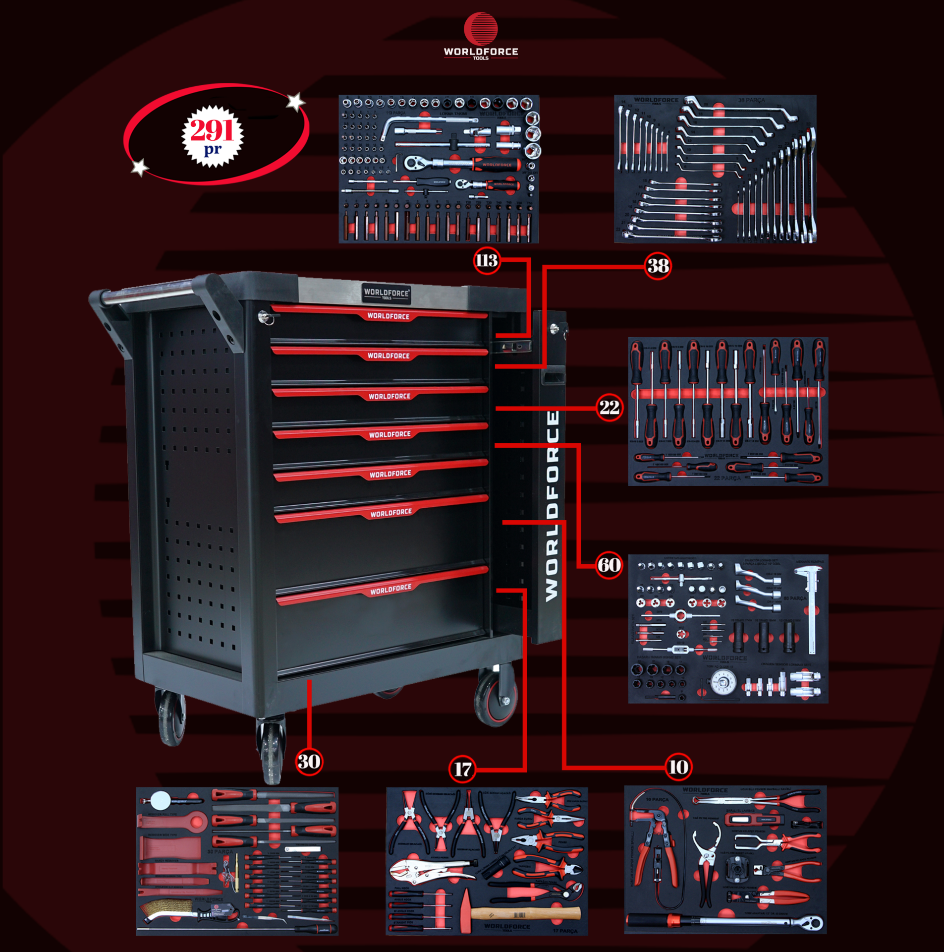 WORLDFORCE Dolu Takım Arabası 291 Parça (7 Çekmeceli) 11491-291