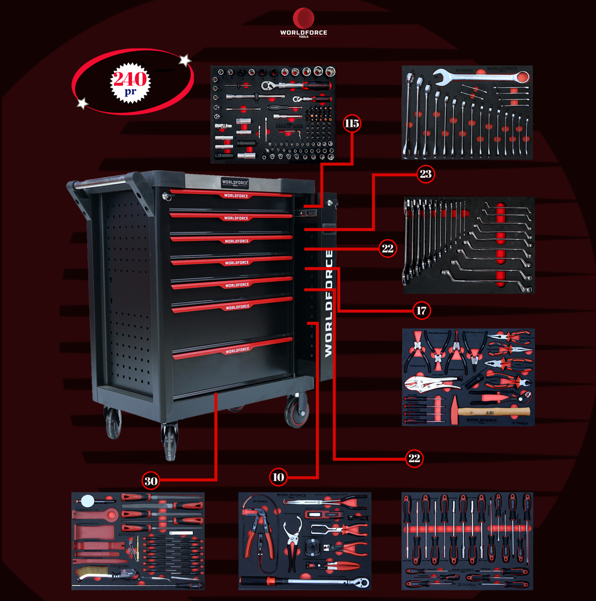 WORLDFORCE Dolu Takım Arabası 240 Parça (7 Çekmeceli) 11491-240