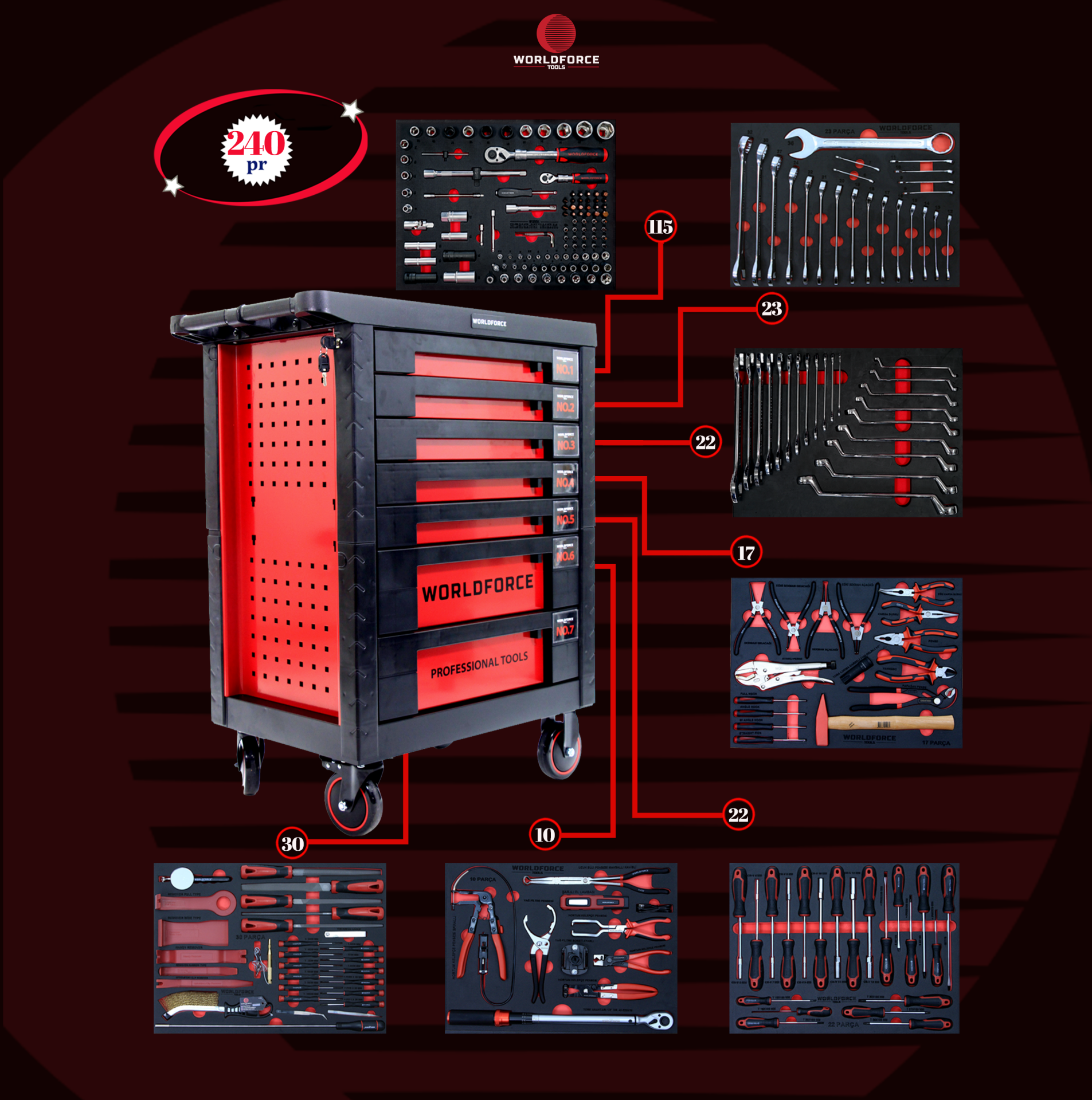 WORLDFORCE Dolu Takım Arabası 240 Parça (7 Çekmeceli) 11492-240