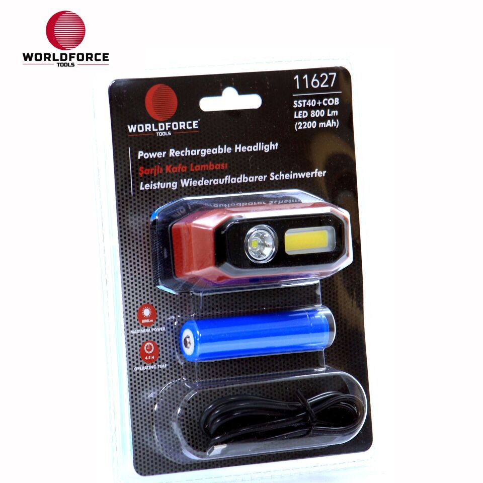 WORLDFORCE Şarjlı Kafa Lambası SST40+COB Ledli 800 Lm (2200 mAh) 11627