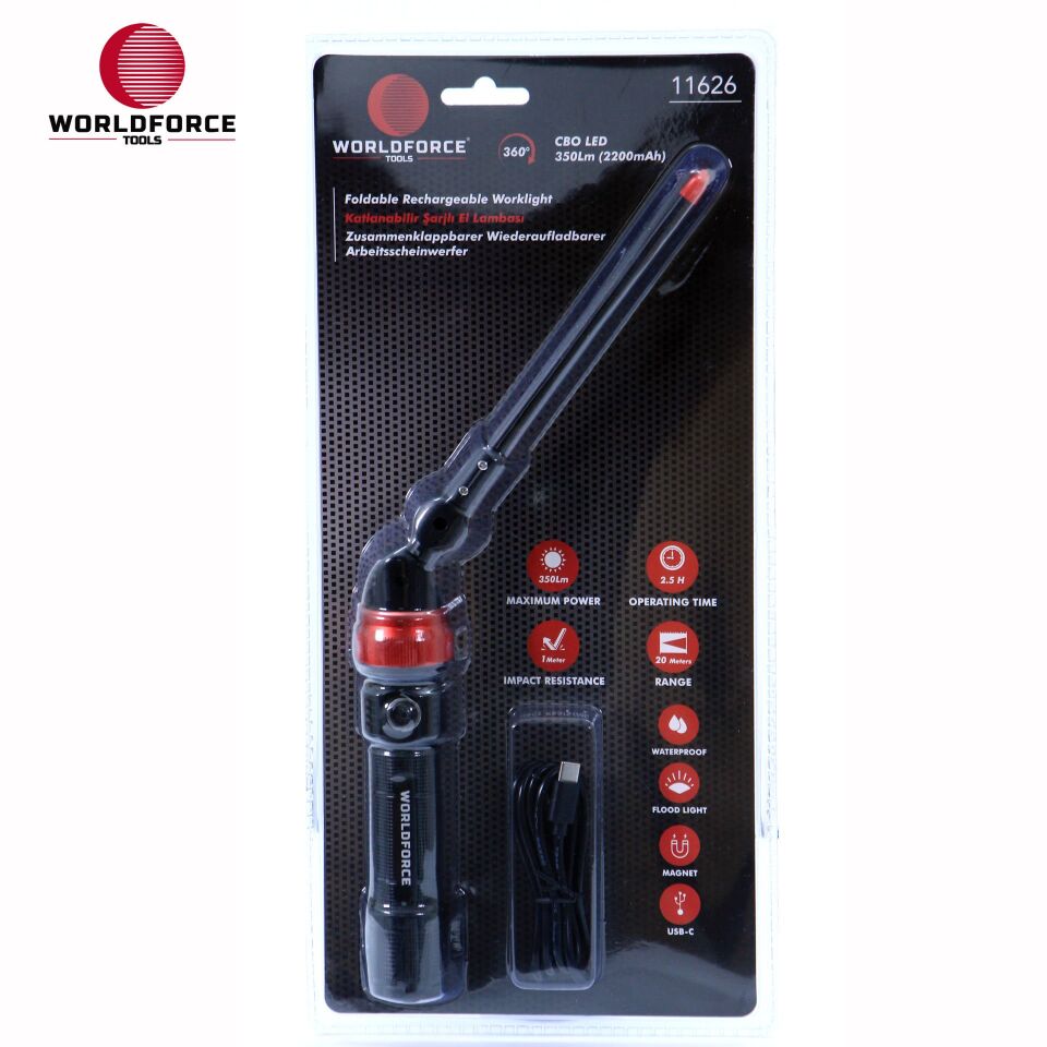 WORLDFORCE Katlanabilir Şarjlı El Lambası 360° COB Ledli 350 Lm (2200 mAh) 11626