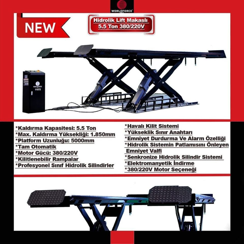 WORLDFORCE Hidrolik Lift Makaslı 5.5 Ton 380/220V Tam Otomatik 11572