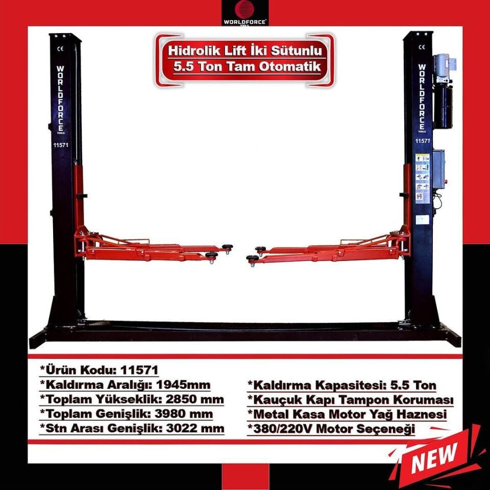 WORLDFORCE Hidrolik Lift İki Sütunlu 5.5 Ton 380/220V Tam Otomatik 11571
