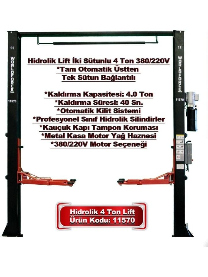 WORLDFORCE Hidrolik Lift İki Sütunlu 4 Ton 380/220V Tam Otomatik Üstten Bağlantılı 11570