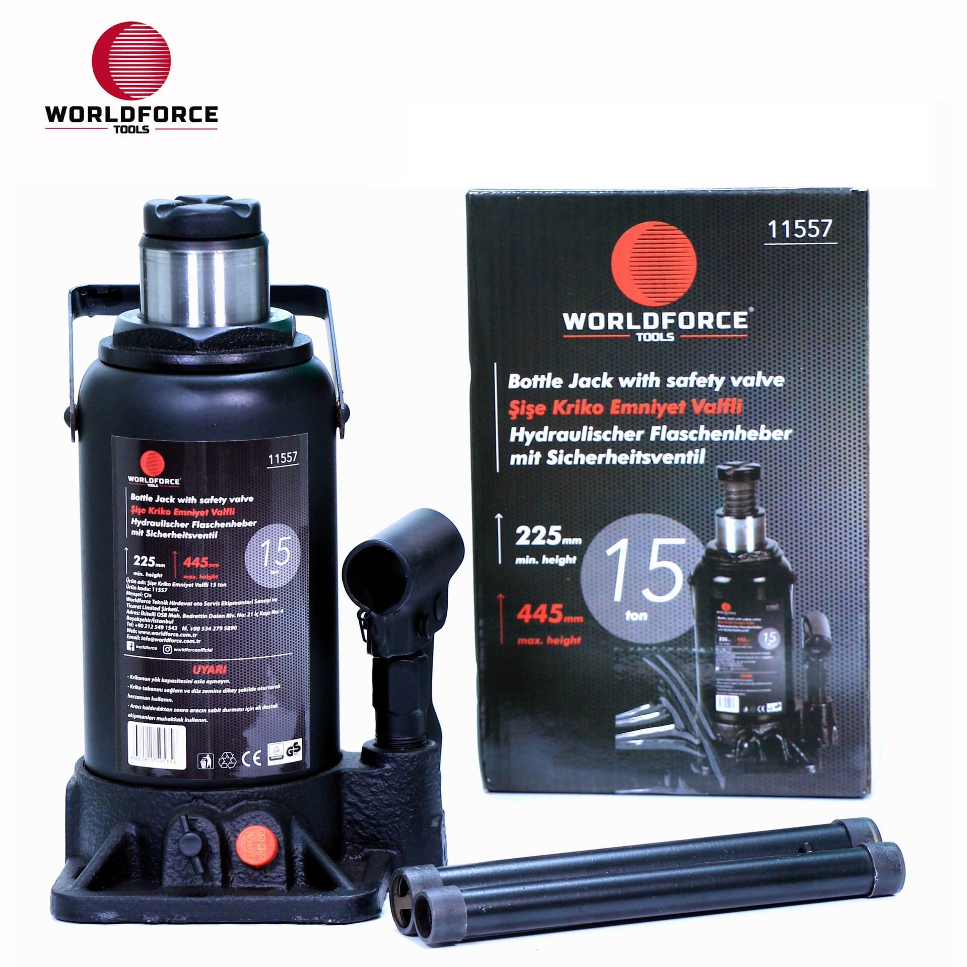 WORLDFORCE Hidrolik Şişe Kriko 15 Ton 225-445mm 11557
