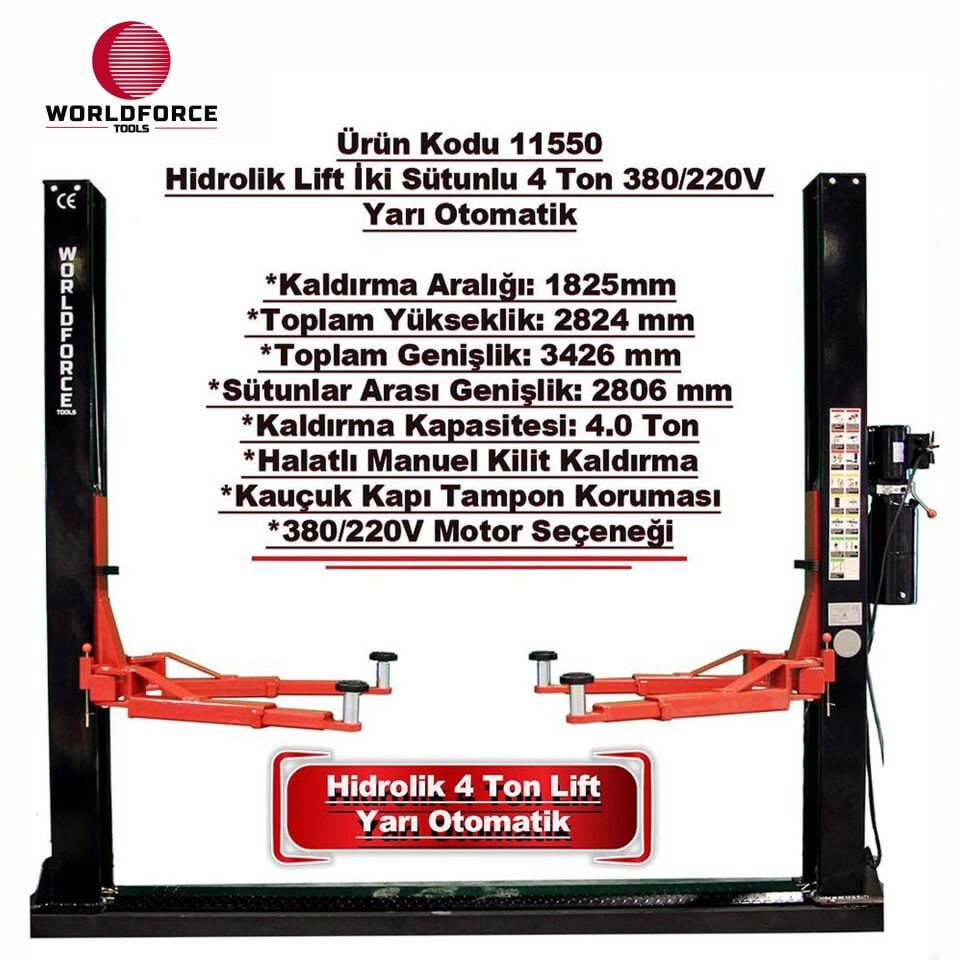 WORLDFORCE Hidrolik Lift İki Sütunlu 4 Ton 380/220V Yarı Otomatik 11550