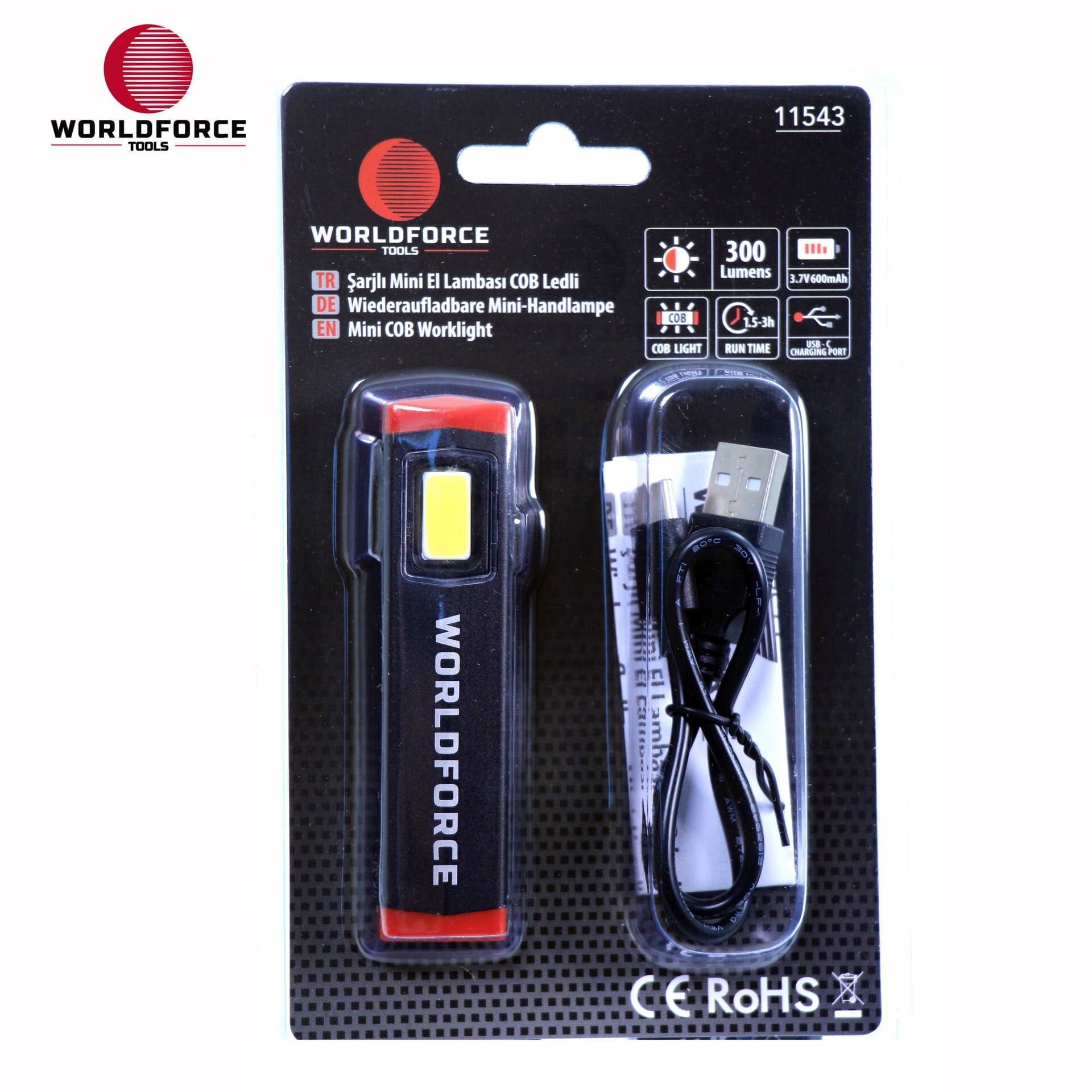 WORLDFORCE Şarjlı Mini El Lambası COB Ledli 300 Lm (600 mAh) 11543