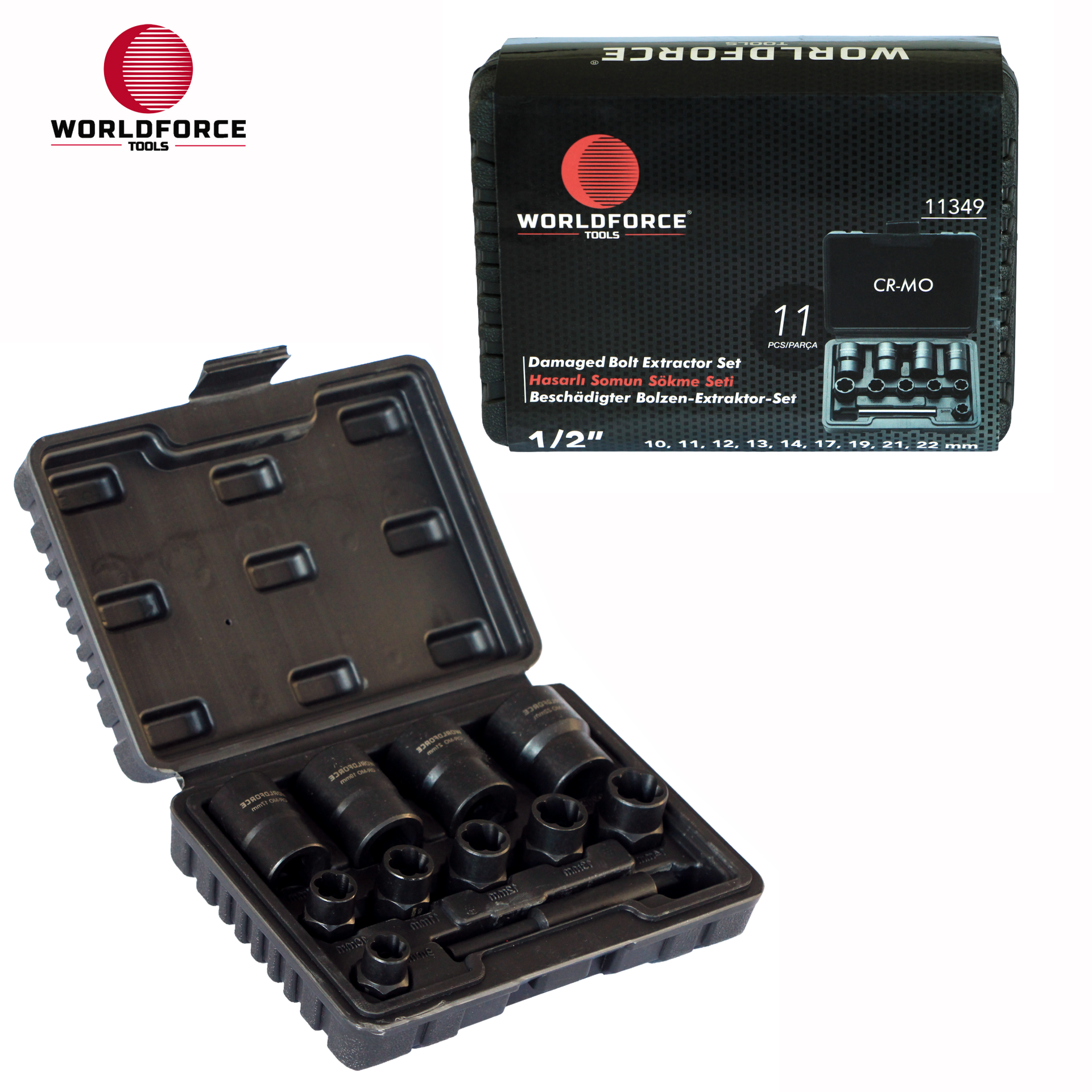 WORLDFORCE Hasarlı Somun Sökme Seti 11 Parça 1/2’’ (10,11,12,13,14,17,19,21,22mm) 11349