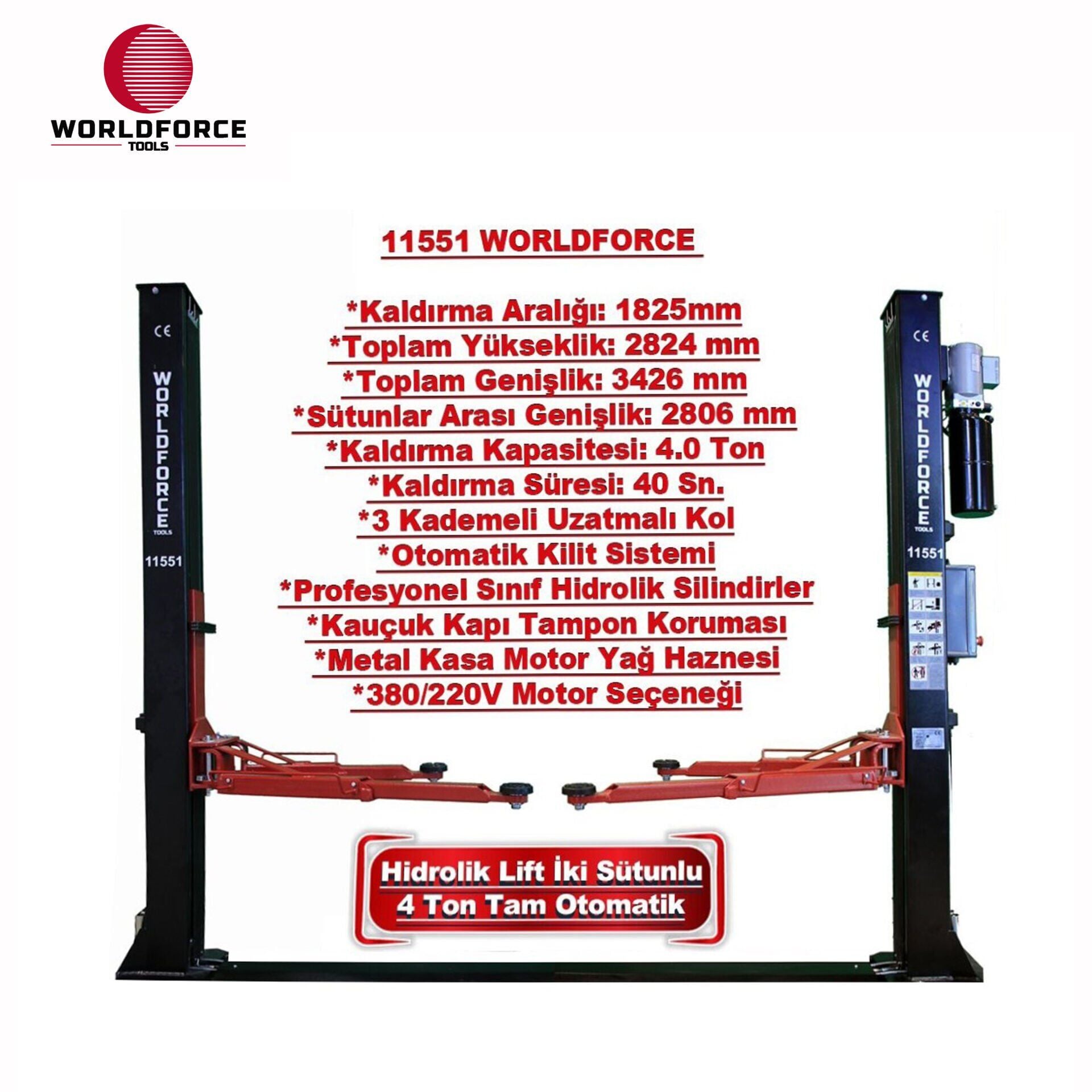 WORLDFORCE Hidrolik Lift İki Sütunlu 4 Ton 380/220V Tam Otomatik 11551