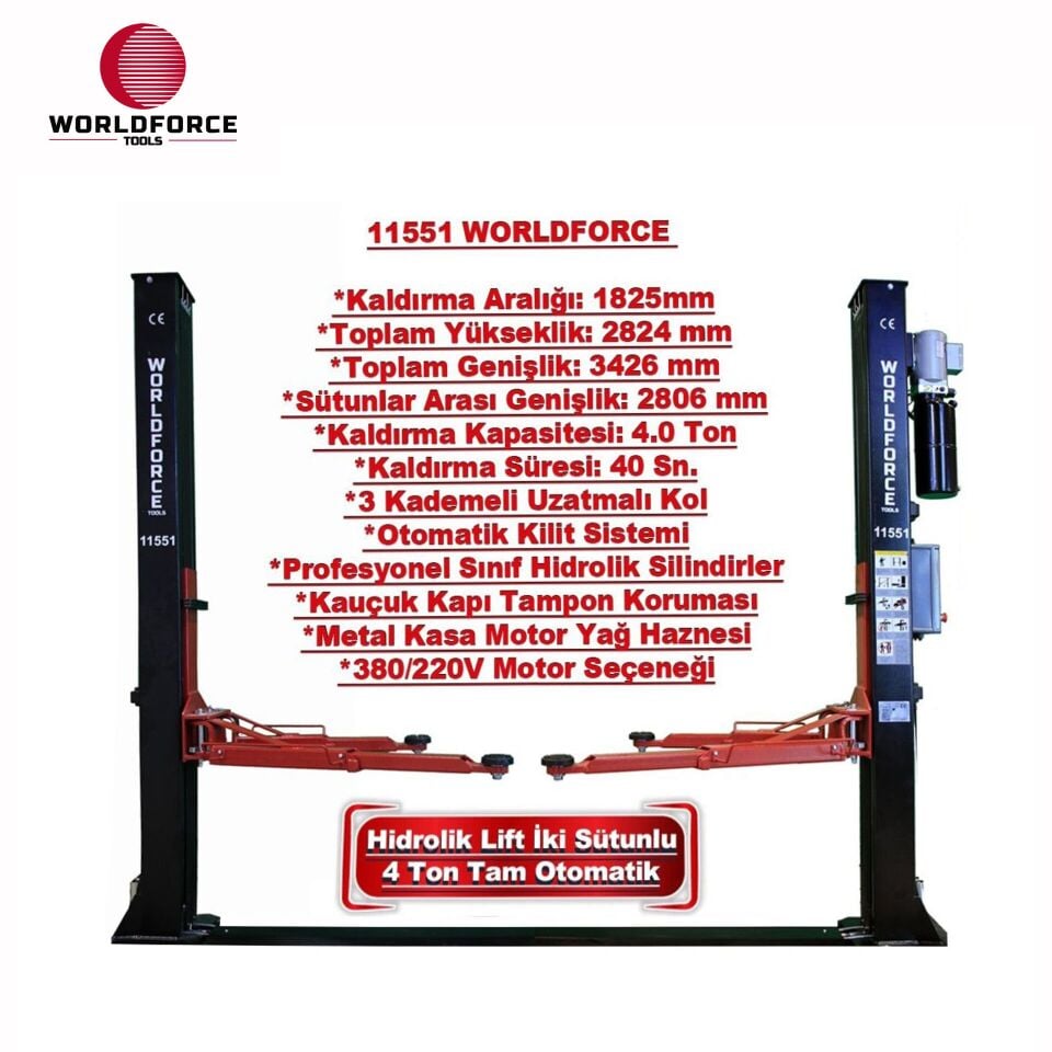 WORLDFORCE Hidrolik Lift İki Sütunlu 4 Ton 380/220V Tam Otomatik 11551