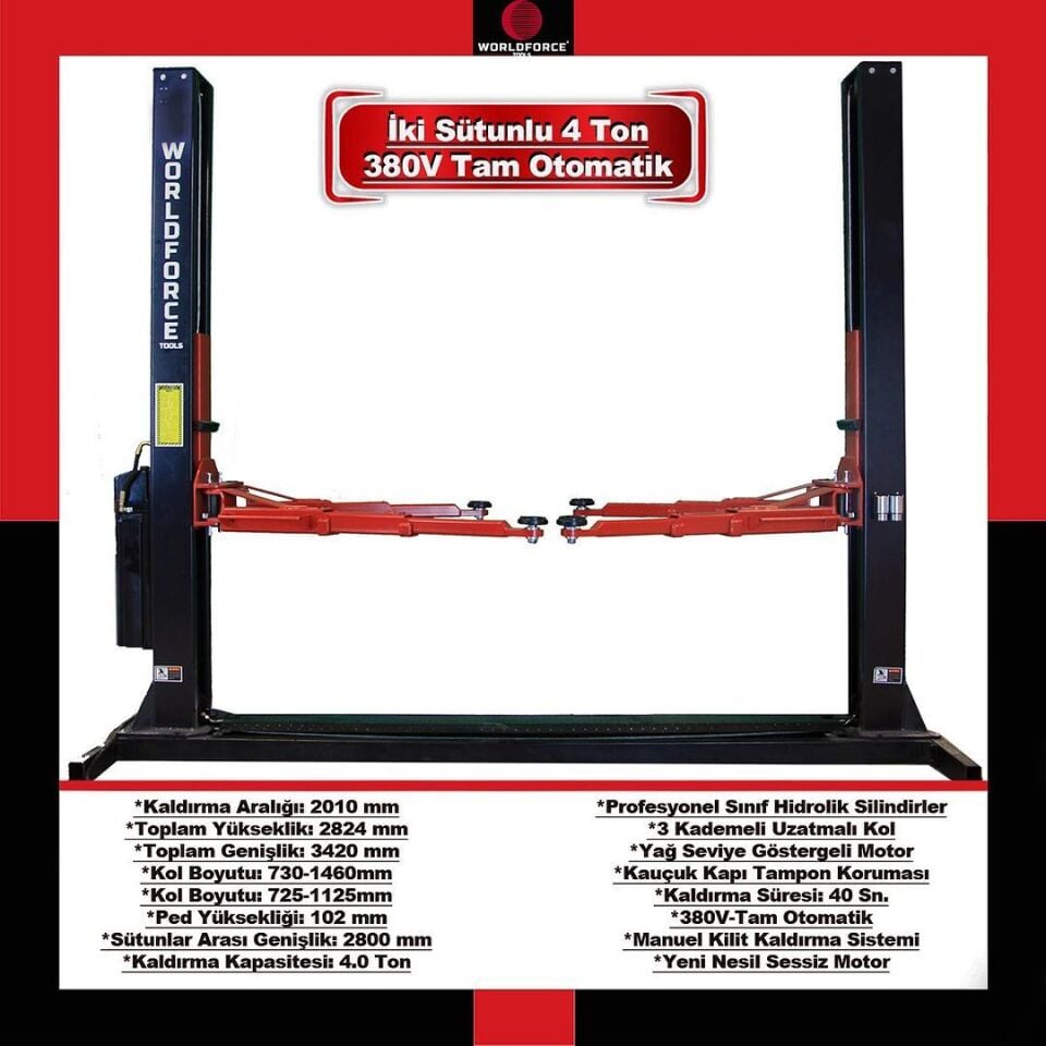 WORLDFORCE Hidrolik Lift İki Sütunlu 4 Ton 380/220V Tam Otomatik (3 Kol) 11549