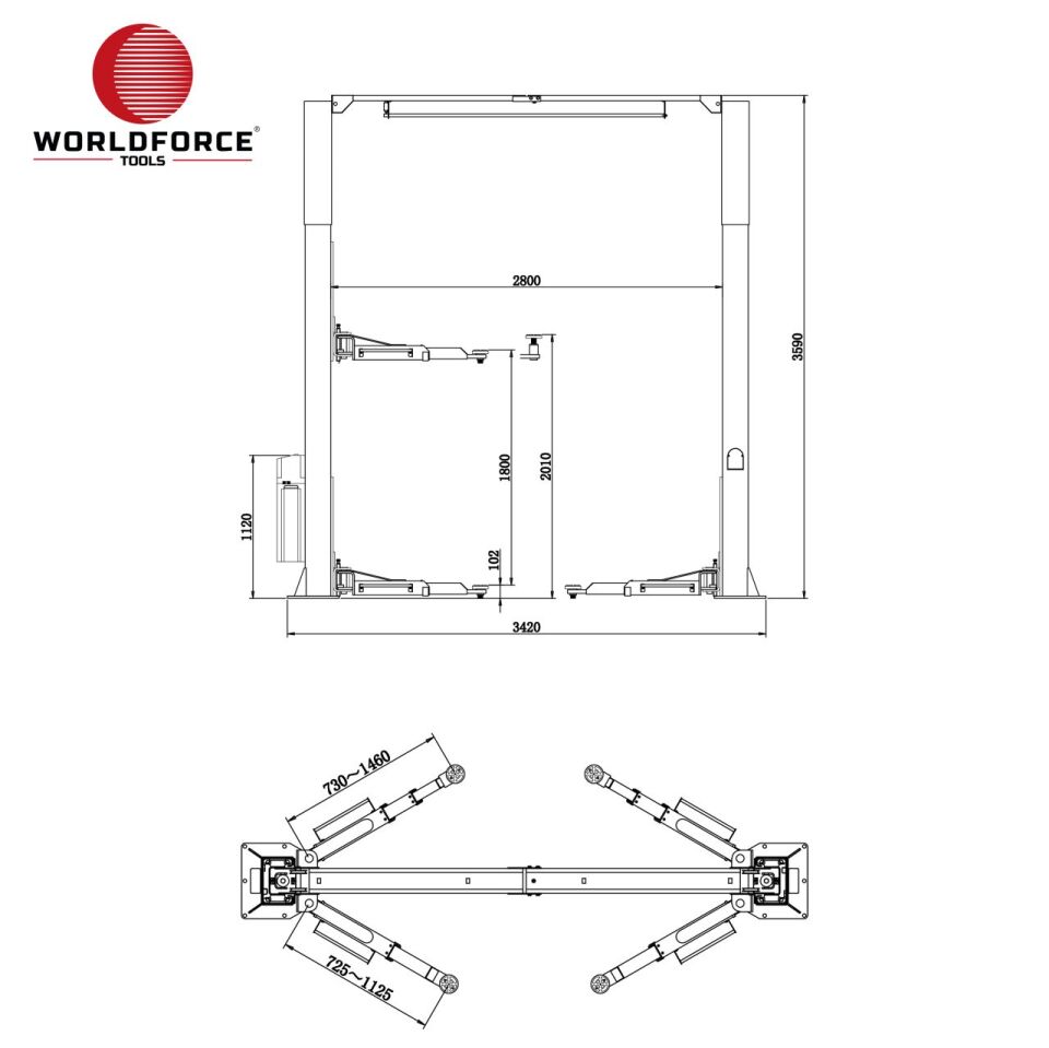 WORLDFORCE Hidrolik Lift İki Sütunlu 4 Ton 380/220V Tam Otomatik Üstten Bağlantılı 11547