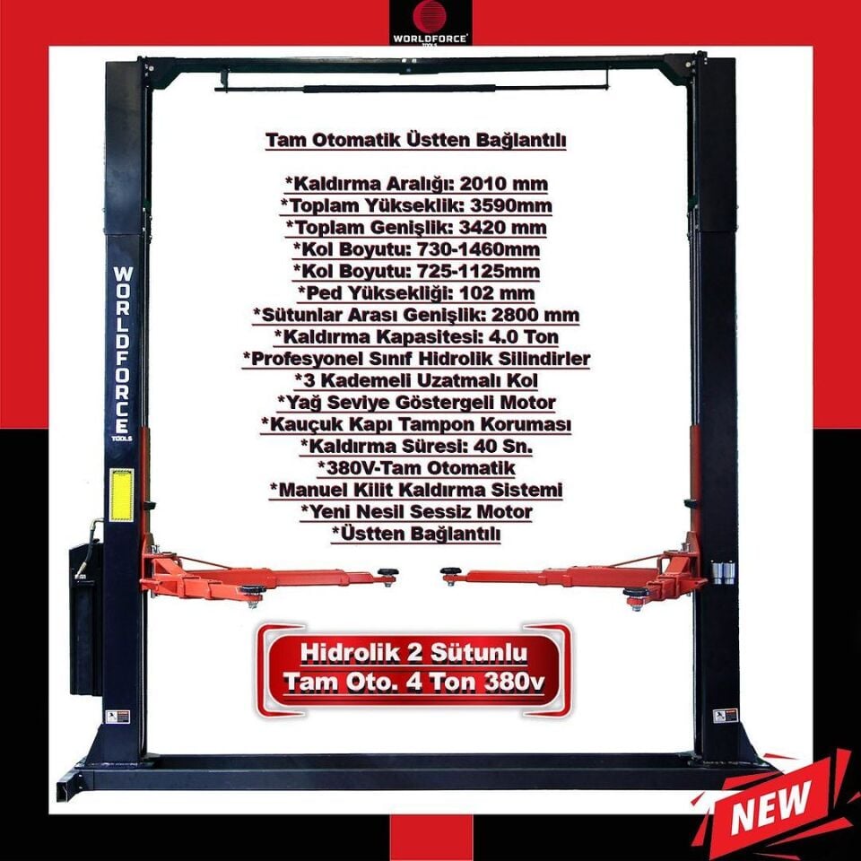 WORLDFORCE Hidrolik Lift İki Sütunlu 4 Ton 380/220V Tam Otomatik Üstten Bağlantılı 11547