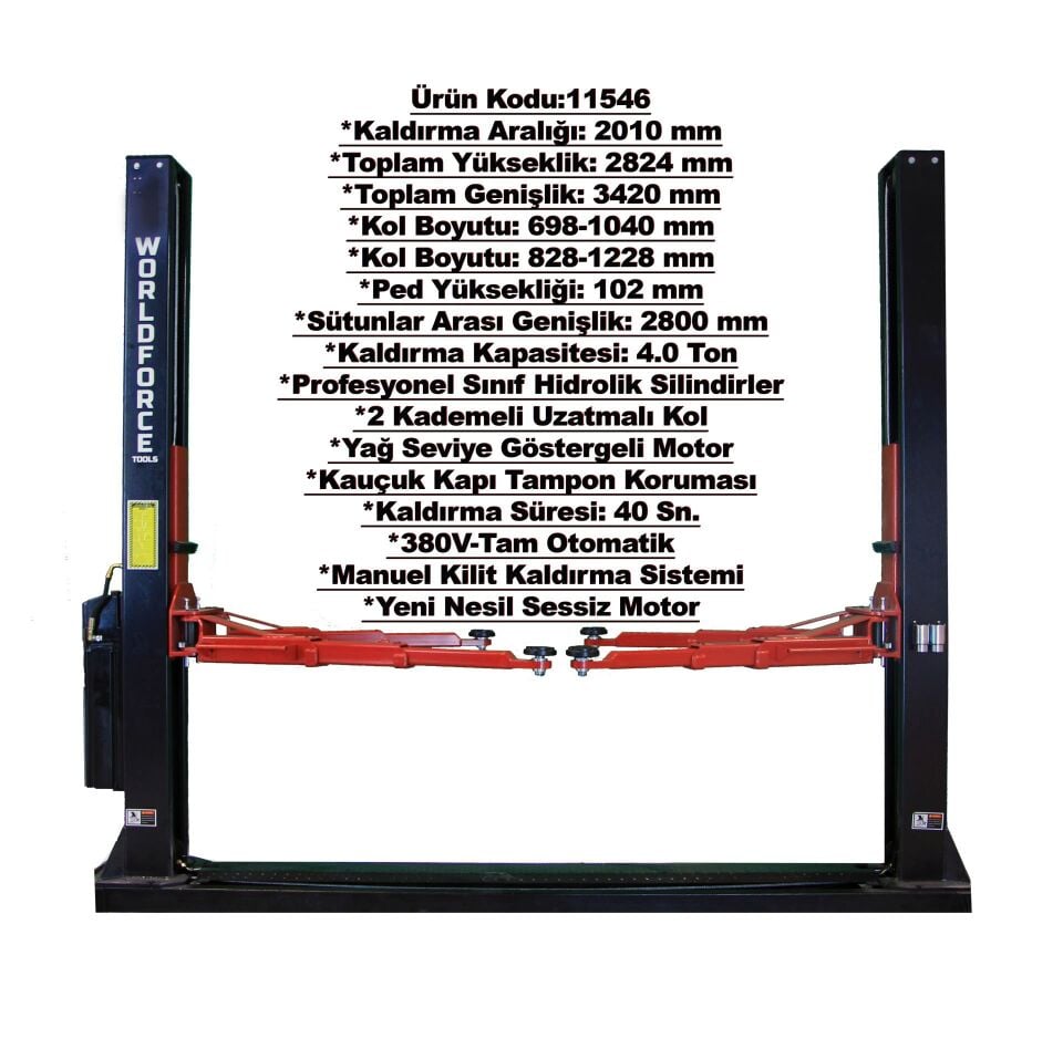 WORLDFORCE Hidrolik Lift İki Sütunlu 4 Ton 380/220V Tam Otomatik 11546