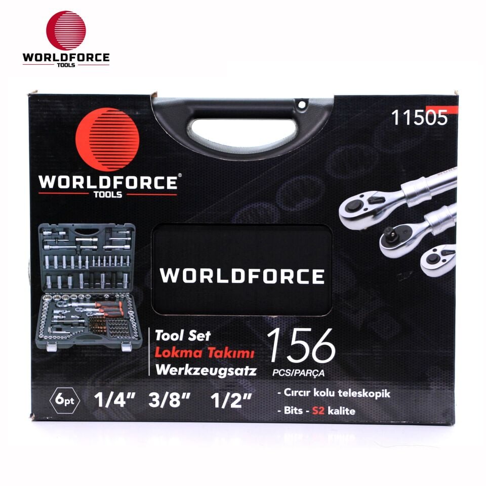 WORLDFORCE Lokma Takımı 156 Parça S-Ultra 1/4''-3/8''-1/2'' Uzatmalı Cırcır 11505