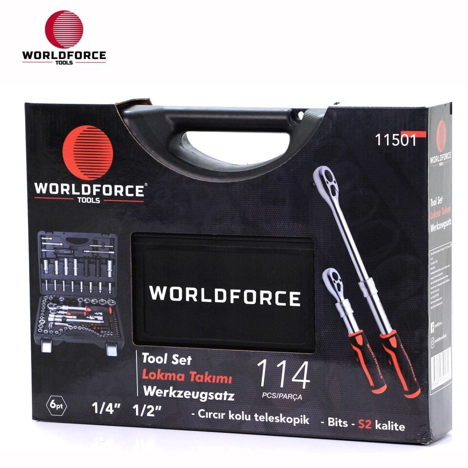 WORLDFORCE Lokma Takımı 114 Parça S-Ultra 1/4''-1/2'' Uzatmalı Cırcır 11501