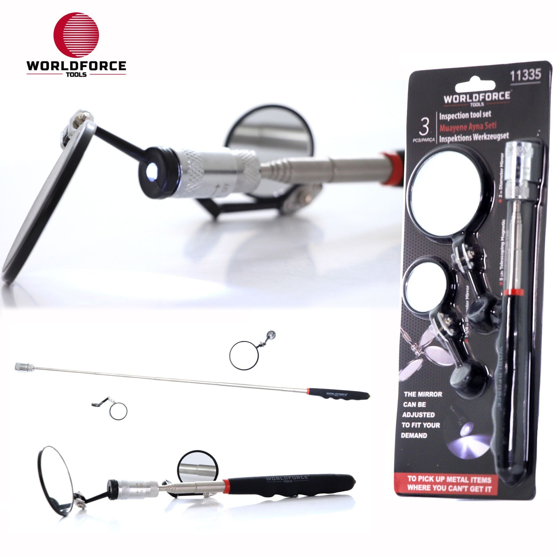 WORLDFORCE Muayene Ayna Seti 3'lü (2x Ayna + LED Manyetik Çubuk) 11335