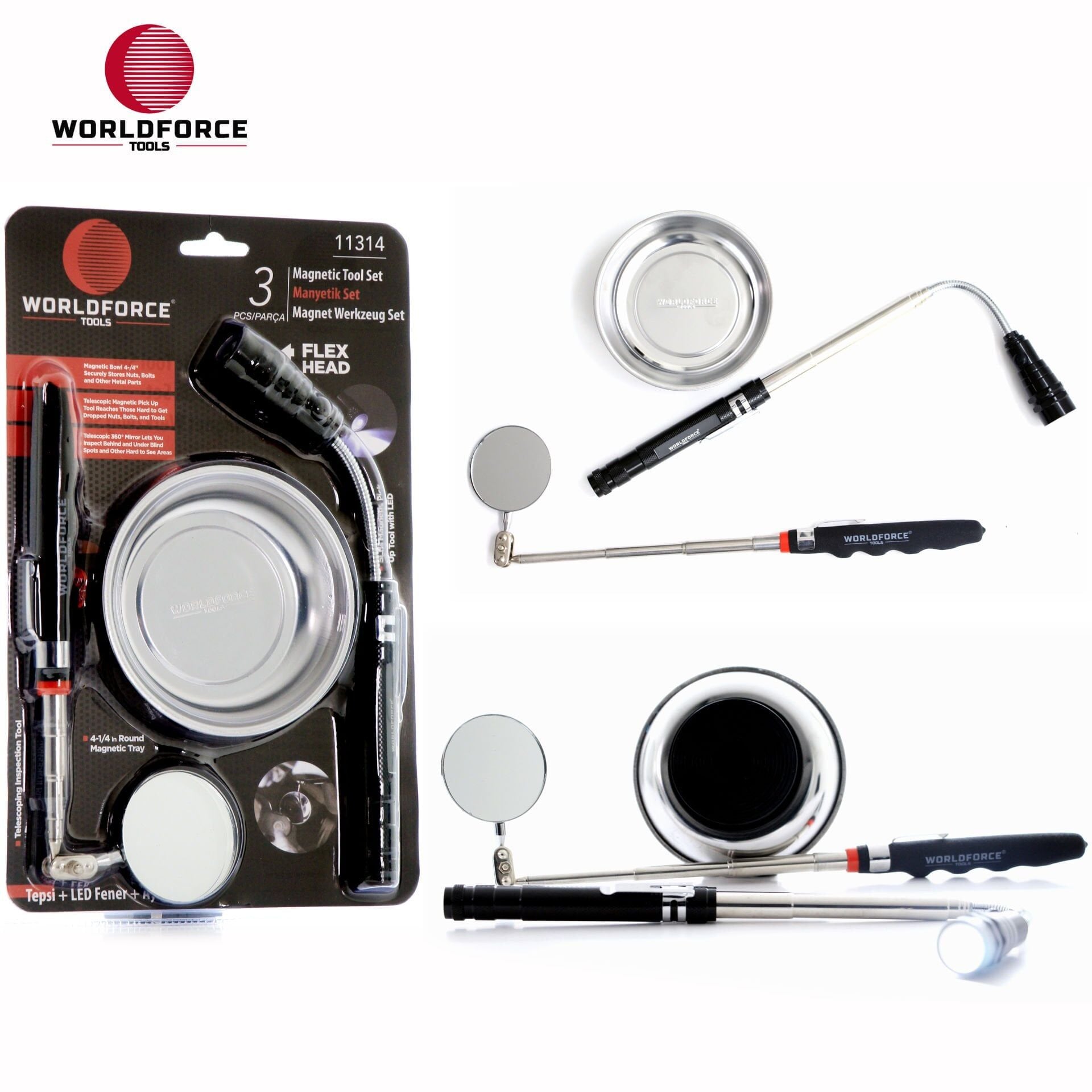 WORLDFORCE Manyetik Set 3'lü (Tepsi + LED Fener + Ayna) 11314