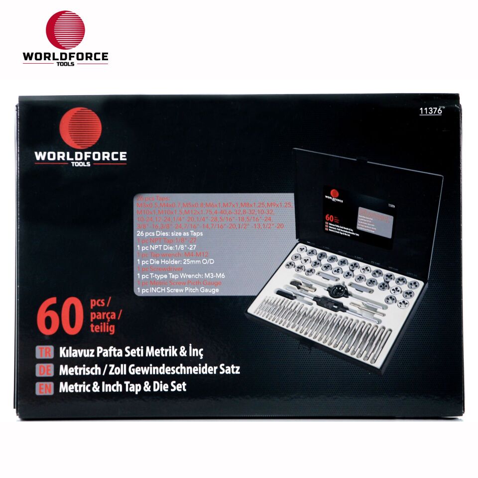 WORLDFORCE Kılavuz Pafta Seti Metrik & İnç 60 Parça 11376