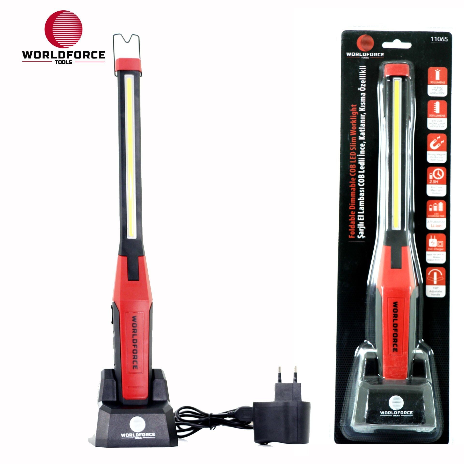WORLDFORCE Şarjlı El Lambası COB Ledli İnce, Katlanır, Kısma Özellikli, Sehpalı 3.7V 2600mA 11065