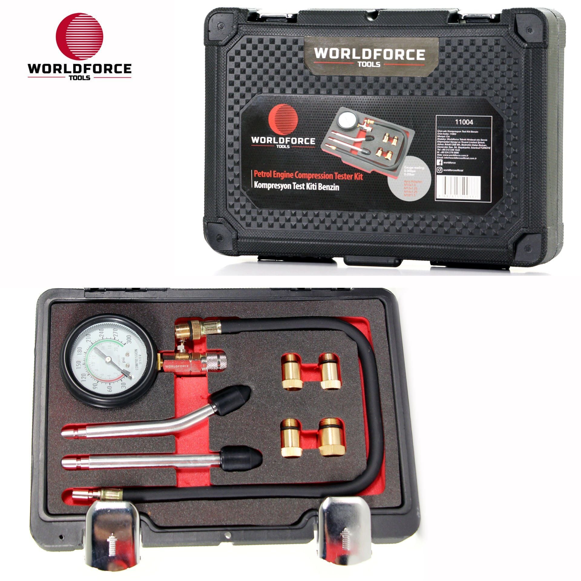 WORLDFORCE Kompresyon Test Kiti Benzin (0-20bar, M10x1.0,M12x1.25,M14x1.25,M18x1.5) 11004