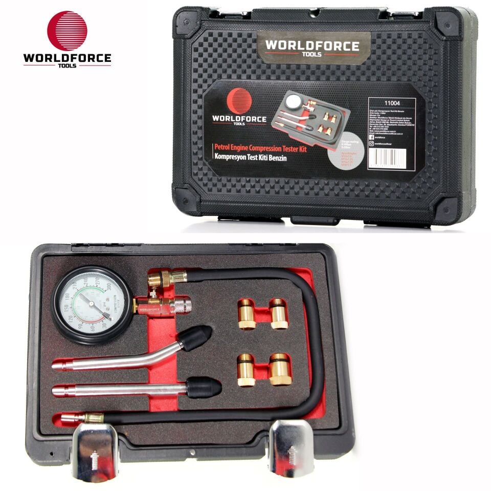 WORLDFORCE Kompresyon Test Kiti Benzin (0-20bar, M10x1.0,M12x1.25,M14x1.25,M18x1.5) 11004