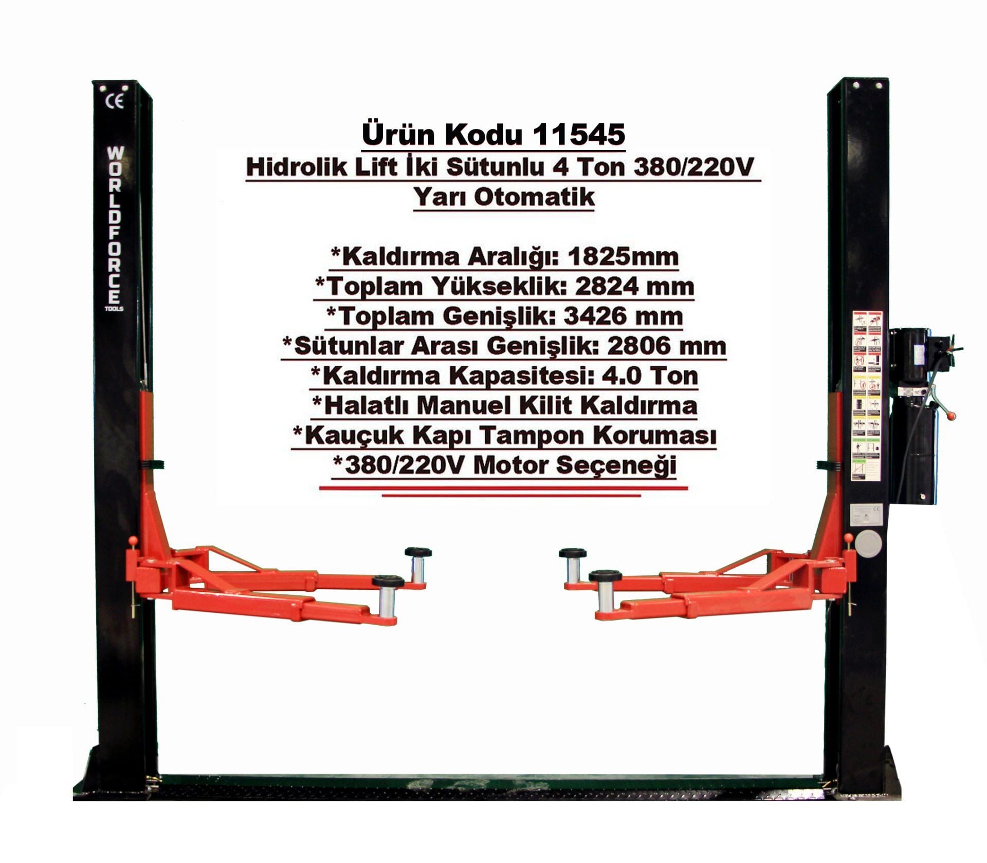 WORLDFORCE Hidrolik Lift İki Sütunlu 4 Ton 380/220V Yarı Otomatik 11545