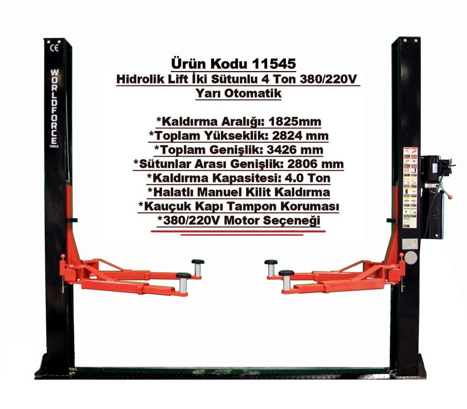 WORLDFORCE Hidrolik Lift İki Sütunlu 4 Ton 380/220V Yarı Otomatik 11545
